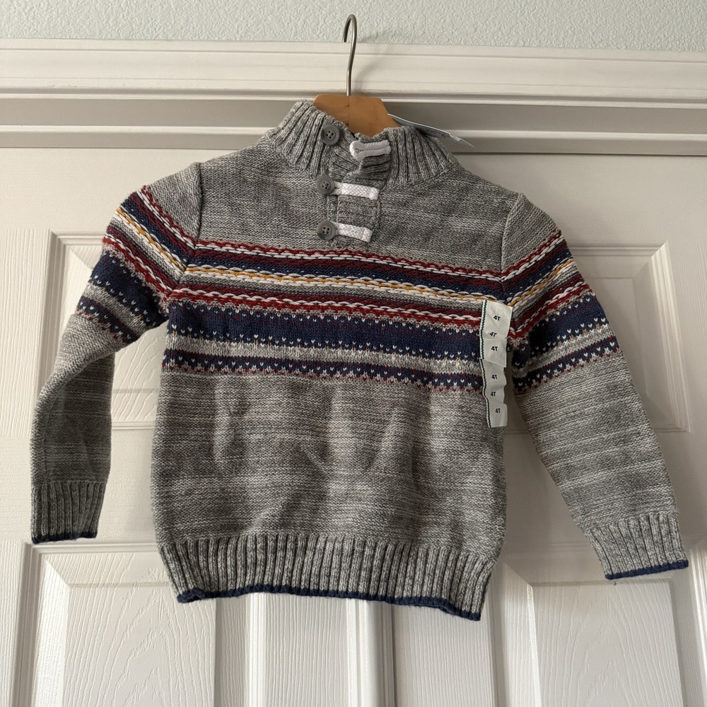 Cat & Jack Boys 4T NWT Fair Isle Mock Neck Toggle Sweater Gray Nordic Knit